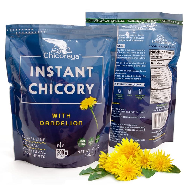 CHICORAYA Instant Chicory Coffee - Best for Decaf and Diet - Keto & Vegan Beverage Blend - Coffeine-Free Cofee Substitute Alternative - Roasted Root Powder, No Sugar (Dandelion, 14.1 oz) - Image 1
